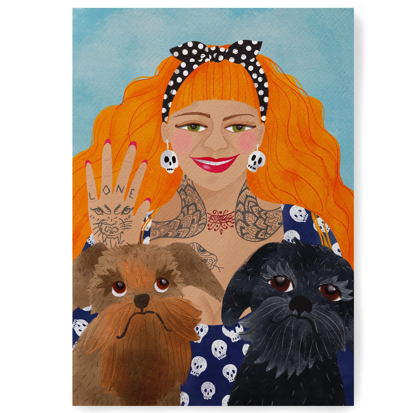 One person and 2x Pets bespoke illustration